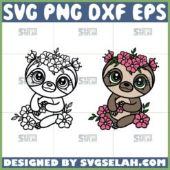 sloth with flowers svg cute sloth outline svg sloth floral svg by SvgSelah