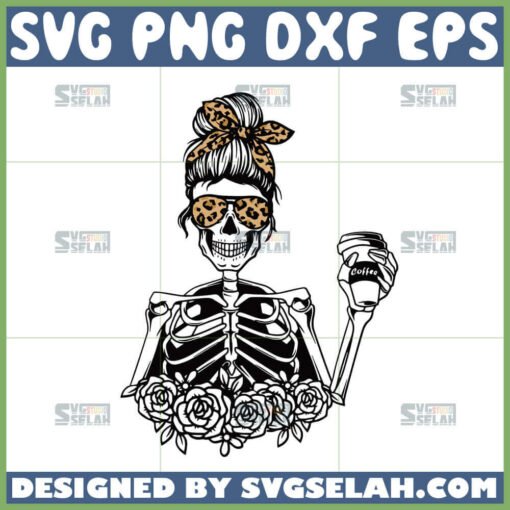 messy bun skull leopard svg mom skull skeleton svg